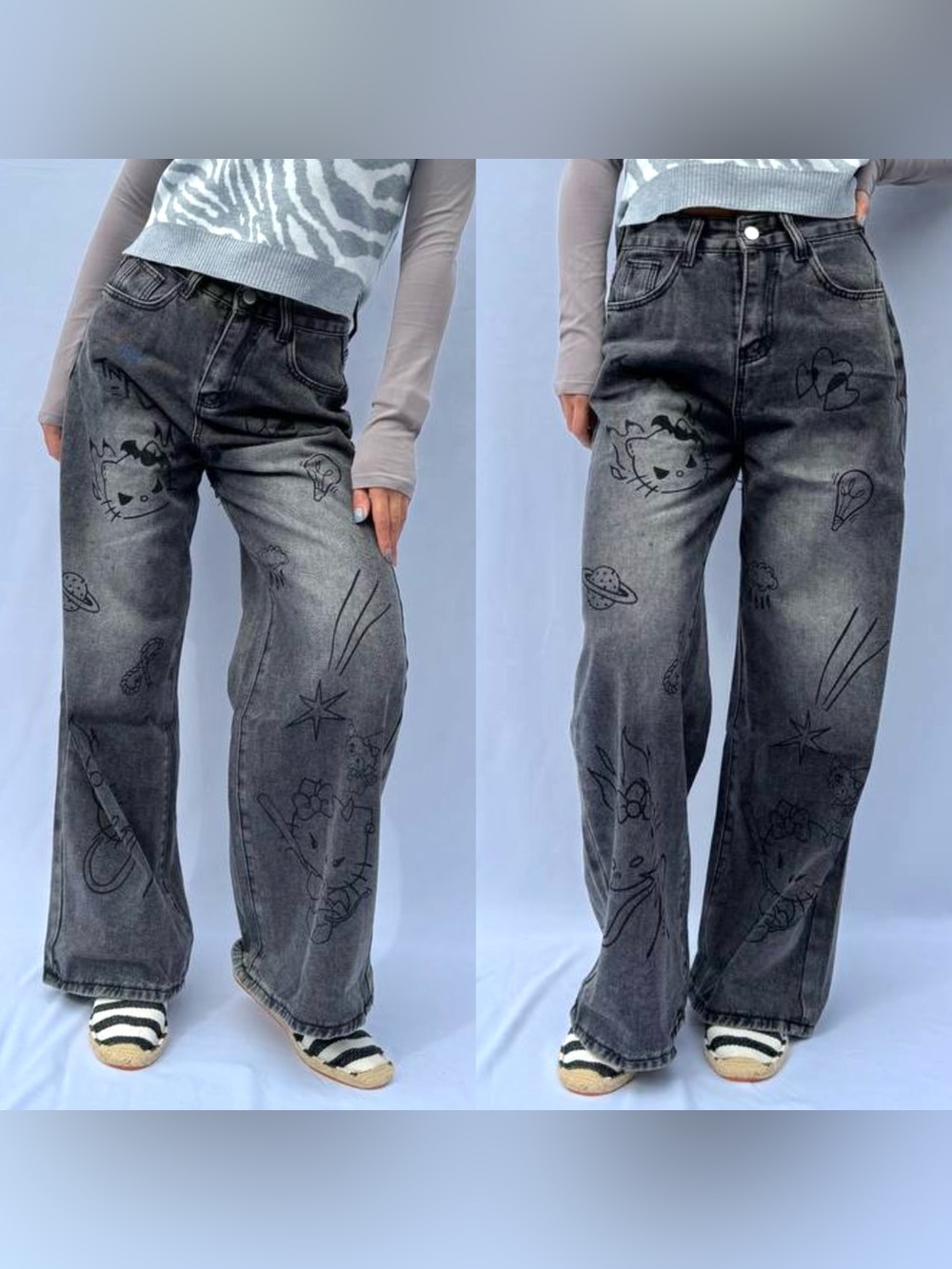 Wide-Leg Black Graphic hello kitty Jeans for Women - Picture 6 of 6